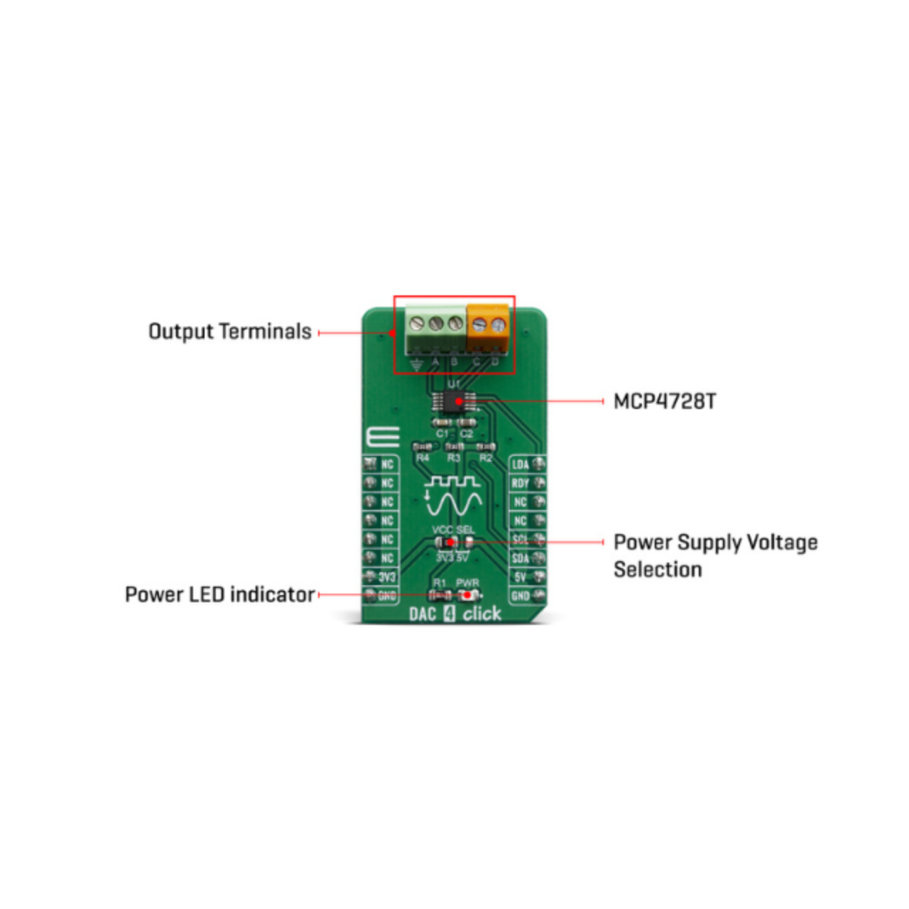 Click DAC 4 - Quad Digital-to-Analog Convertor module, MCP4728, Microchip,  mikroBUS, Click boards, MikroElektronika, I2C, Open Source Hardware, IoT, IIoT, Industry 4.0, embedded, Automation, Smart Home, MicroPython