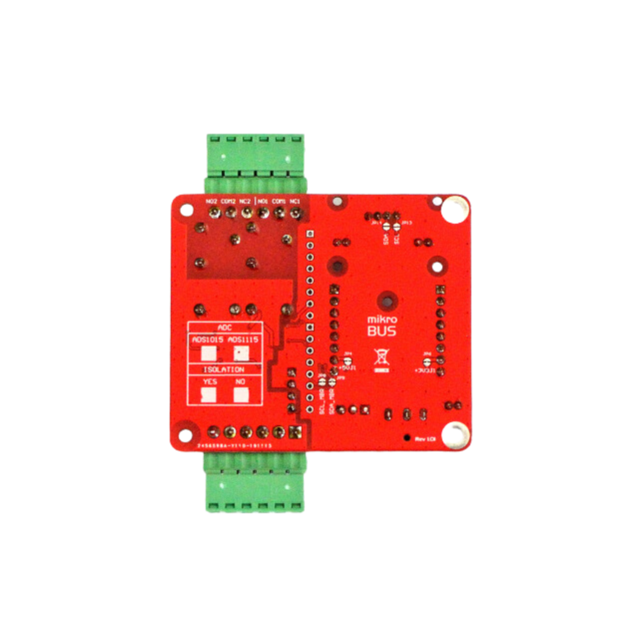 IoThing 2RO+2DI - mikroBUS, carrier board, I2C, Isolated, Omron, G5Q-14, SPDT, relay, differential, analog input, ADC, ADS1015, ADS1115, Texas Instruments, Click boards, MikroElektronika, Open Source Hardware, IoT, IIoT, Industry 4.0, embedded, Automation, Smart Home, MicroPython